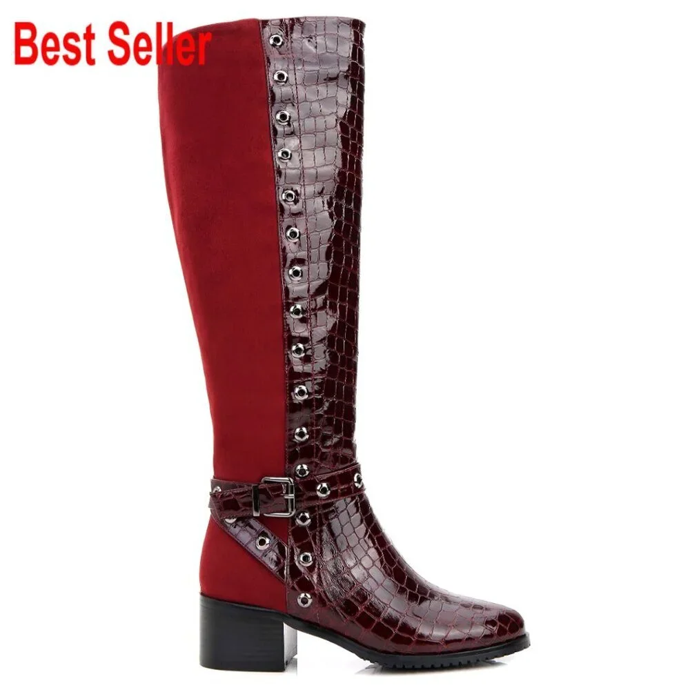 Faux Leather Knee-High Boots with Crocodile Print and Perforated Trim